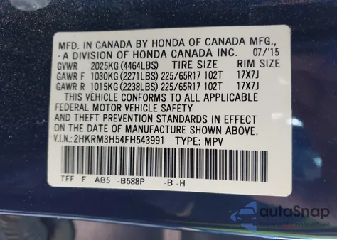 2015 Honda Cr-V Ex z USA, uszkodzony, nr VIN 2HKRM3H54FH543991